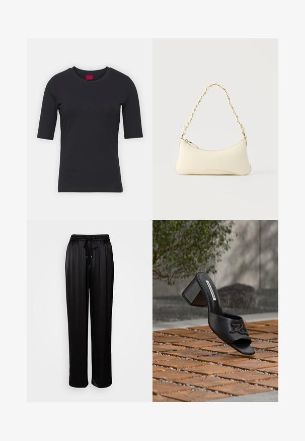 T-shirt noir en coton avec manches courtes, col rond et design minimaliste. Présente une étiquette de marque rouge au niveau du col.; Pantalons noirs, coupe décontractée, avec une taille élastique et un cordon de serrage, présentés sur un fond blanc uni.; Mule noire à bout ouvert avec talon bloc et « Karl » brodé sur la bride, présentée au-dessus d'un pavé en bois avec un arrière-plan flou.; Petit sac à main couleur crème avec une forme incurvée et une poignée en chaîne torsadée ton or, fermeture éclair sur le dessus