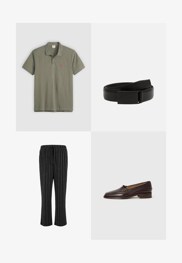 Olivengrøn kortærmet poloshirt med to knapper og et lille rødt Levi's-logo på venstre bryst.; Sorte og hvidestribede pyjamasbukser med elastisk talje og snøre, der har en afslappet pasform og cropped længde.; Brune læder loafers med en let spids toe, lav stablet hæl og dekorativ syning på overdelen. Glat tekstur, minimalistisk design.; Sort læderbælte med en glat overflade, der har en rektangulær mat sort spænde og et klassisk, minimalistisk design.