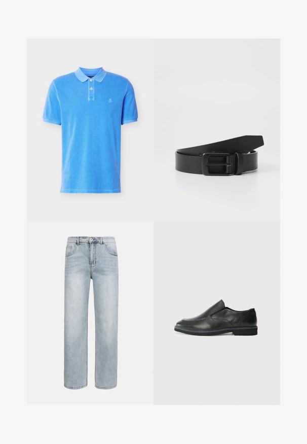 Polo bleu à manches courtes avec deux boutons blancs et petit logo blanc "M OP" sur le côté gauche de la poitrine, présenté sur un fond blanc.; Jean bleu clair à jambes droites avec poches avant, fermeture par bouton et légère décoloration sur les cuisses et les genoux.; Chaussure slip-on en cuir noir avec une tige lisse, des accents cousus, un bout arrondi et un petit talon en caoutchouc. La semelle présente un profil de traction minimal.; Ceinture en cuir noir avec une boucle en métal noir mat, présentant une texture lisse et un design simple. Longueur réglable avec une extrémité effilée.