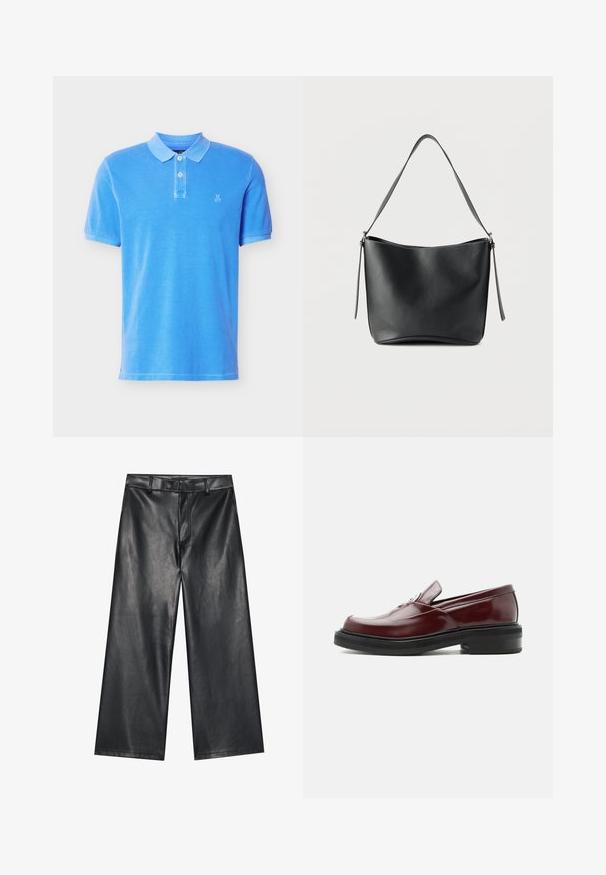 Blaues Poloshirt mit kurzen Ärmeln, zwei weißen Knöpfen und kleinem weißen "M OP"-Logo auf der linken Brust, präsentiert vor weißem Hintergrund.; Schwarze Leder-Hose mit weiter Beinform, glatter Textur, Gürtelschlaufen und einem Reißverschluss vorne. Sie zeichnet sich durch eine lockere Passform und saubere Nähte aus.; Bordeauxroter Lederloafer mit schwarzer klobiger Sohle und silberner dekorativer Schnalle, seitlich auf weißem Hintergrund dargestellt.; Schwarze Lederschultertasche mit einem einzelnen breiten Riemen und dezenten silbernen Beschlägen vor weißem Hintergrund.