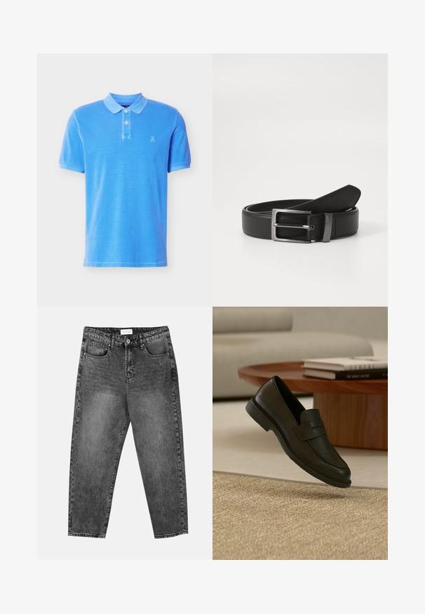 Blauw poloshirt met korte mouwen, twee witte knopen en een klein wit "M OP" logo op de linkerborst, afgebeeld tegen een witte achtergrond.; Zwart gewassen rechte jeans met voor- en achterzakken, riemlussen en een knoopsluiting in de taille.; Zwarte leren loafer schoen getoond in de lucht boven een beige geweven tapijt, met een houten tafel en gestapelde boeken in een zacht verlichte woonkamer.; Zwarte leren riem met een zilveren metalen gesp, met een gladde afwerking en een klassiek ontwerp. De riem is netjes opgevouwen.