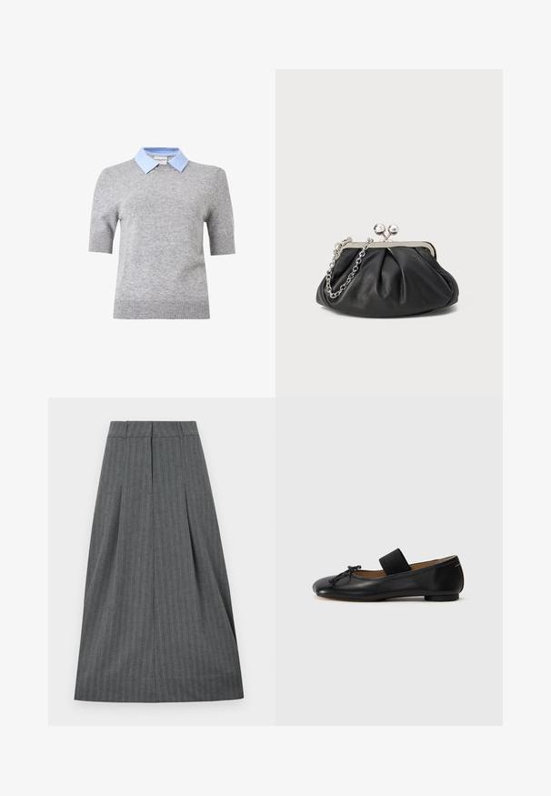 Pull en maille gris à manches courtes avec poignets et ourlet côtelés, avec un col de chemise rayé bleu et blanc.; Jupe plissée grise avec une ceinture ajustée, motif à rayures verticales et silhouette fluide. Texture lisse et longueur au genou.; Ballerines en cuir noir avec un bout arrondi, un petit nœud décoratif et une lanière élastique sur le cou-de-pied pour un maintien sécurisé. Semelle plate.; Porte-monnaie en cuir noir avec texture froncée, cadre en métal argenté, fermeture à verrouillage kiss-lock et bandoulière en chaîne. Surface lisse et douce.