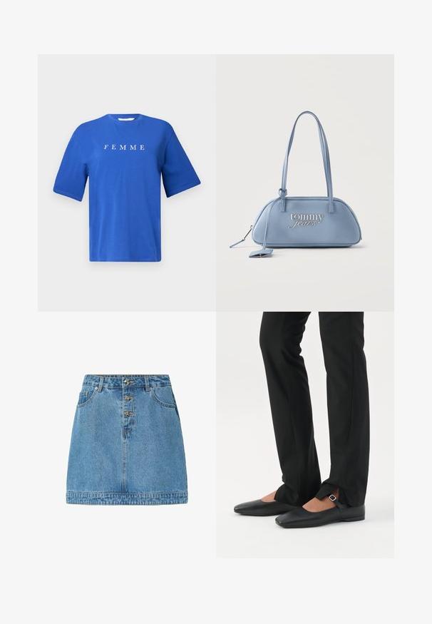 Blå bomulds T-shirt med rund hals, korteærmer og ordet "FEMME" trykt i hvidt henover brystet. Glat tekstur, afslappet pasform.; Lysblå denimnederdel med en lige pasform, frontknaplukning med metalliske detaljer, to sidelommer og en syet kant.; Ben iført sorte smalle bukser med forreste slidser ved kanten, parret med sorte flade Mary Jane-sko med lille spænde.; Lys blå Tommy Jeans håndtaske med lange stropper, rundet rektangulær form og synlig lynlås med trække.