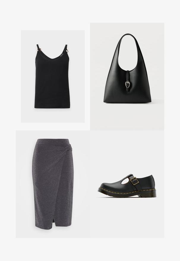 Sort ærmeløs camisole med tynde skulderstropper, V-udskæring og små metalringe, der forbinder stropperne til toppen. Ingen synlige mønstre eller logoer.; Mørkegrå, knælang blyantskirt i et skinnende stof med en snoet knude detalje i taljen og en sidelæg. Glat tekstur.; Sort lædersko med rund tå, ankelrem og spænde, lav hæl og gul syning langs sålen. Glat tekstur overalt.; Sort læderhåndtaske med et enkelt håndtag og en sølvspænde med remlukning på en hvid baggrund.