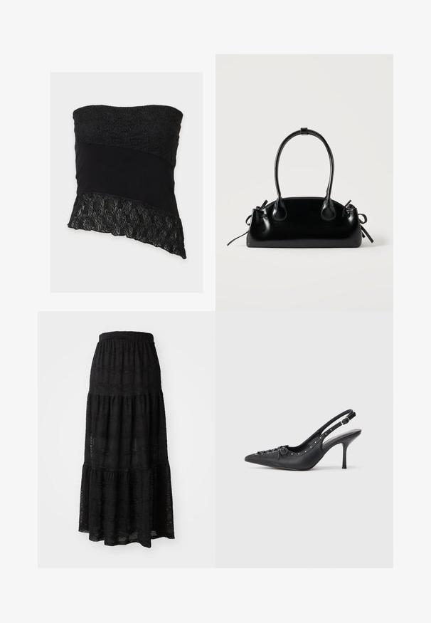 Haut noir sans bretelles avec texture en dentelle sur les parties supérieure et inférieure et une bande de tissu lisse au milieu.; Jupe maxi noire en tissu texturé, avec un design à volants, une taille froncée et de subtils motifs ondulés sur l'ensemble.; Escarpin en cuir noir à talon aiguille avec un bout pointu, une bride latérale à boucle, des clous le long du bord et un laçage décoratif à l'avant.; Petit sac à main noir brillant avec deux longues anses et des détails à cordon sur les côtés sur un fond clair uni.