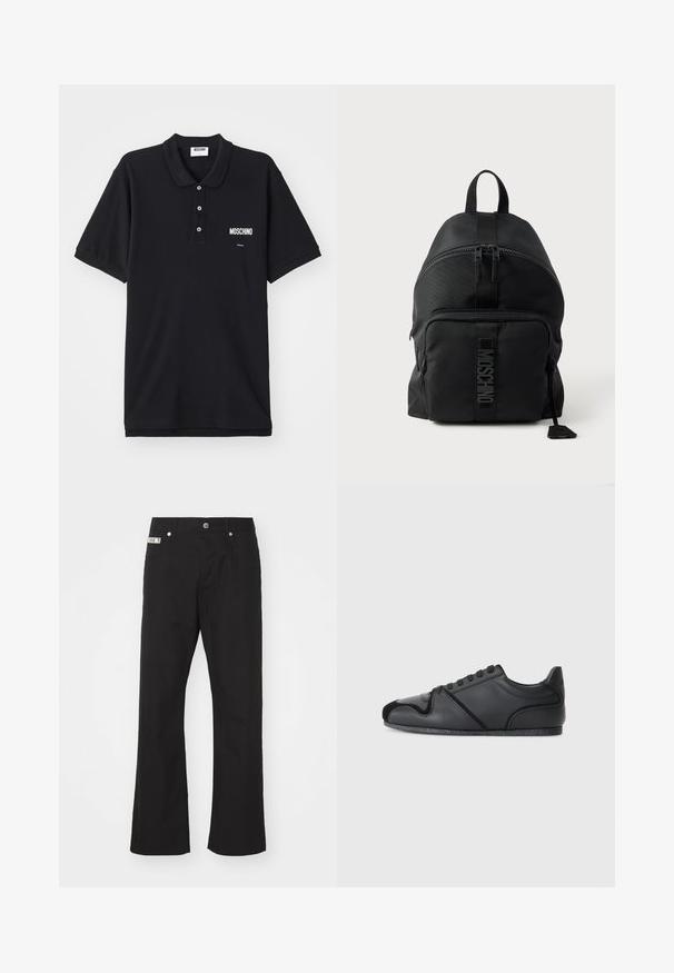 Polo noir en coton, doté d'un col classique, de trois boutons et d'un logo Moschino blanc sur la zone gauche de la poitrine.; Pantalons en coton noir avec une coupe droite, dotés d'une fermeture à bouton à l'avant, de deux poches latérales et d'une petite étiquette de marque sur la taille.; Chaussures de sport noires avec une tige en cuir lisse, des accents texturés subtils et un capuchon de talon en daim noir contrastant. Comprend une semelle en caoutchouc.; Sac à dos Moschino noir avec poignée supérieure, poche zippée à l'avant et logo visible sur la sangle de la poche avant, sur un fond clair uni.