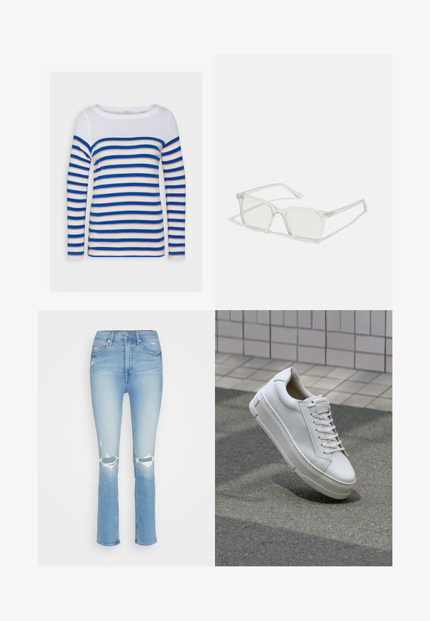 Esprit Top s dlhým rukávom - white; GAP VINTAGE HAWES - Slimfit džínsy - light-blue denim; Biele kožené tenisky s nízkym strihom, plochými šnúrkami, zaoblenou špicou a textúrovanými stranami. Hrubá gumová podrážka s jemnými akcentmi.; Priehľadné plastové okuliare s námestovými rámami a priehľadnými šošovkami, s kultivovanými zlatými akcentmi na spánkoch pre zvýraznenie detailov.