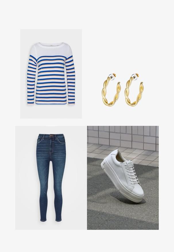 Esprit Camiseta de manga larga - white; Marks & Spencer IVY SUPERSOFT - Vaqueros pitillo - indigo; Zapatilla de cuero blanca con diseño bajo, cordones planos, punta redondeada y laterales texturizados. Suela de goma gruesa con acentos sutiles.; Pendientes de aro retorcidos en oro con una superficie lisa, que cuentan con un respaldo transparente y herrajes en tono dorado.