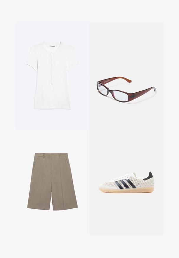 T-shirt Henley blanc à manches courtes avec col rond et sept boutons sur le devant, posé à plat sur un fond clair.; Shorts plissés beige à coupe droite, dotés de passants de ceinture et de poches latérales. Fabriqués en tissu lisse et léger.; Baskets en maille blanche avec un design à trois bandes noires, bout arrondi et semelle en caoutchouc gomme. Dotées d'un col de talon souple et d'une fermeture à lacets.; Lunettes rectangulaires teintées de brun avec une finition brillante, dotées de branches fines et de verres transparents. Logo visible sur la branche gauche.
