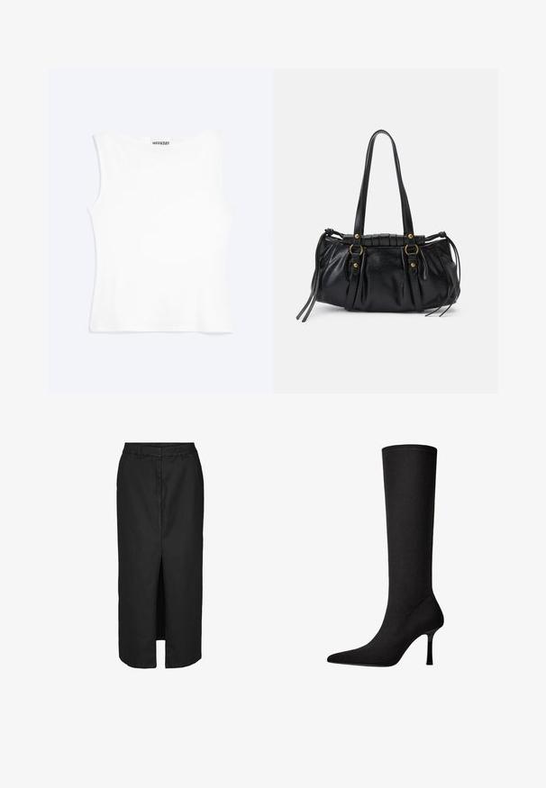 Débardeur blanc ajusté sans manches avec un col rond et un design minimaliste, étiqueté "WEEKDAY" à l'intérieur du col.; Jupe midi noire avec une fente devant, réalisée en tissu léger. Elle présente une taille classique et de discrètes poches latérales.; Botte noire montante en tissu lisse avec un bout pointu et un talon aiguille fin. Présente des coutures minimales et un design épuré.; Sac à main en cuir noir avec une forme arrondie, deux poignées, des accents en matériel décoratif et des détails de liens sur les côtés. Texture lisse et brillante.