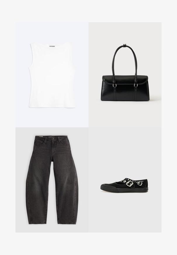 Débardeur blanc ajusté sans manches avec un col rond et un design minimaliste, étiqueté "WEEKDAY" à l'intérieur du col.; Jean en denim noir avec une coupe décontractée, comportant cinq poches, une fermeture à bouton et un léger dégradé. Le tissu a une texture lisse et résistante.; Vans MARY JANE - Ballerines - black; Sac à main rectangulaire en cuir noir avec fermeture à rabat et deux longues anses sur fond blanc uni.