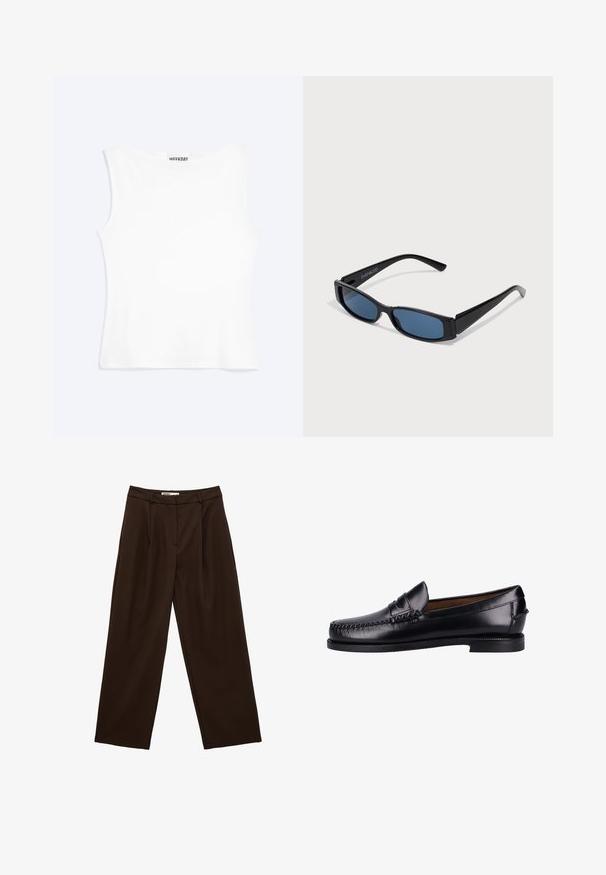 Camiseta sin mangas blanca ajustada con escote redondo y diseño minimalista, etiquetada como "WEEKDAY" en el interior del cuello.; Pantalones marrón oscuro de talle alto y pierna ancha con trabillas para cinturón y pliegues delanteros, diseñados para un ajuste relajado.; Mocasines de cuero negro con un acabado suave, puntera redondeada, costura decorativa y un tacón bajo. El diseño es minimalista sin herrajes visibles.; Gafas de sol negras con una elegante montura rectangular y lentes azules. Presentan una textura suave y varillas resistentes. Logo de la marca en el costado.