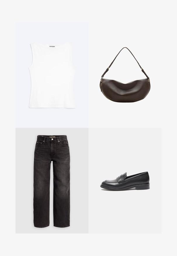 Camiseta sin mangas blanca ajustada con escote redondo y diseño minimalista, etiquetada como "WEEKDAY" en el interior del cuello.; Levi's® BAGGY DAD - Vaqueros baggy - shrink up; Mocasines de cuero negro con un acabado suave, punta redondeada y detalle de costura lateral. Presentan un tacón bajo y rectangular.; Bolso de hombro de cuero marrón oscuro con forma curva, correa ajustable y cremallera dorada a lo largo del borde inferior.