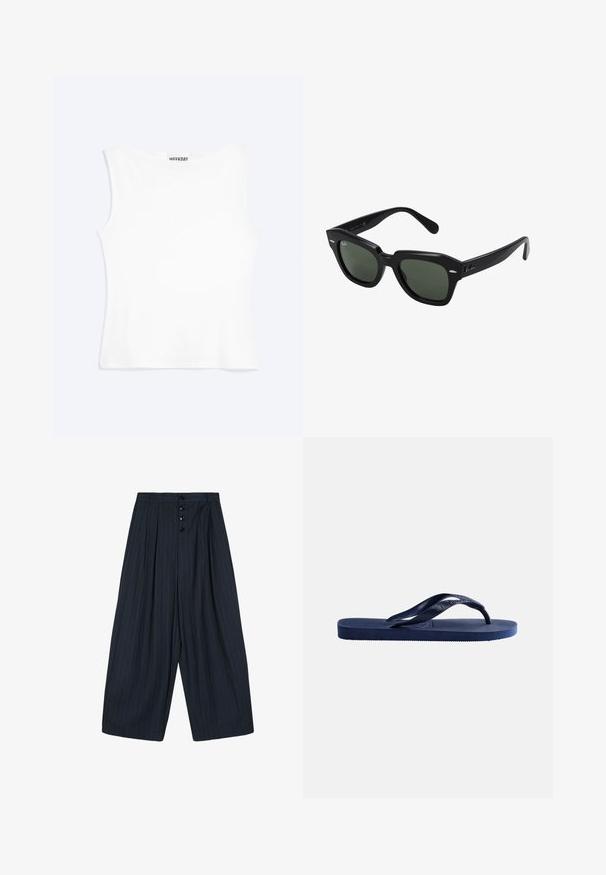 Wit nauwsluitend mouwloos tanktopje met een ronde halslijn en minimalistisch ontwerp, met het label "WEEKDAY" aan de binnenkant van de kraag.; Marineblauwe broek met wijde pijpen, dunne verticale krijtstrepen, vier zwarte knopen aan de voorkant en riemlussen aan de tailleband.; Donkerblauwe rubberen teenslipper met een gestructureerde zool en een Y-vormige band op een effen lichte achtergrond.; Zwarte vierkante zonnebril met donker groene lenzen, uitgerust met gedurfde monturen en zilveren accenten aan de zijkanten. Gemaakt in Italië.