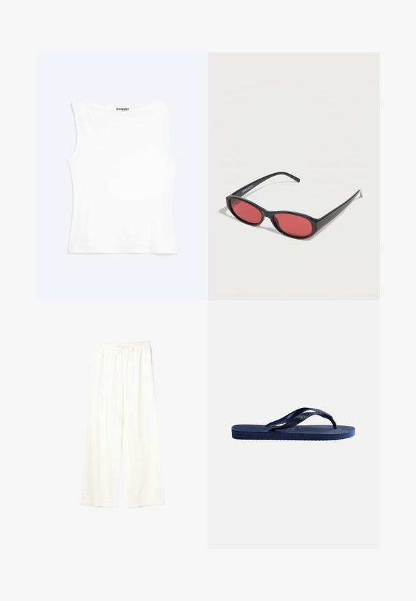Weißes, ärmelloses, figurbetontes Tanktop mit rundem Ausschnitt und minimalistischem Design, innen am Kragen mit der Aufschrift „WEEKDAY“.; Weiße Hose mit weitem Bein, elastischem Bund und Kordelzug, aus leichtem Stoff.; Dunkelblaue Gummi-Zehensandale mit strukturierter Sohle und Y-förmigem Riemen auf schlichtem hellem Hintergrund.; Schwarze ovale Sonnenbrille mit schlanken Bügeln und rot getönten Gläsern, die auf einer weißen Oberfläche liegt.