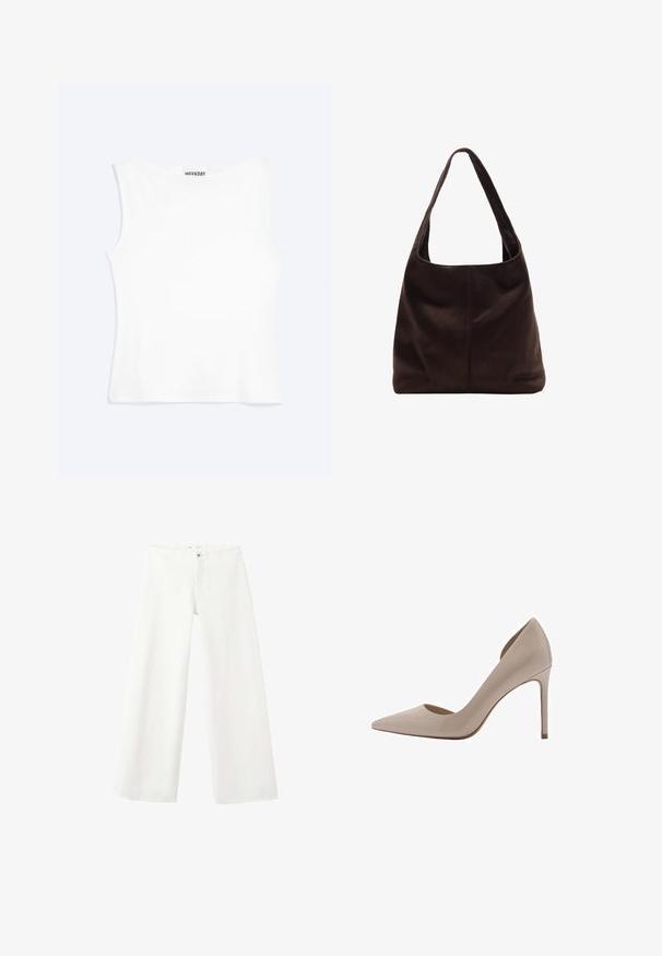Hvid tætsiddende ærmeløs tanktop med rund halsudskæring og minimalistisk design, mærket "WEEKDAY" indeni kraven.; Hvide bukser med vide ben med knap- og lynlåslukning, vist fladt på en hvid baggrund.; Beige patenteret læder højhælet pumpe med spidse tæer, lavudskårne sider og en slank hæl. Glat struktur med en blank finish.; Brun ruskind skuldertaske med et bredt, fladt håndtag. Blød, ustruktureret design med en central søm. Ingen synlig hardware eller udsmykninger.