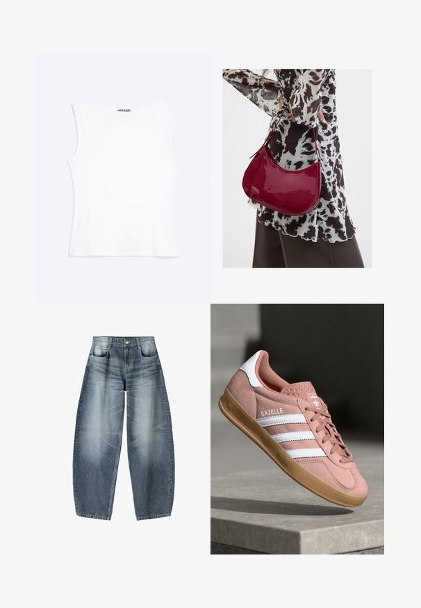 Weißes, ärmelloses, figurbetontes Tanktop mit rundem Ausschnitt und minimalistischem Design, innen am Kragen mit der Aufschrift „WEEKDAY“.; Weite Jeans aus hellblauem Denim mit Ausbleichungen, im fünf-Taschen-Design, mit Knopfverschluss und minimalen Nähtelementen.; Rosa Wildleder-Sneaker mit weißen Streifen, Gummisohle, strukturiertem Obermaterial und Logo auf der Zunge. Klassisches Low-Top-Design.; Frau trägt eine schwarz-weiß gemusterte Bluse und hält eine glänzende rote Schultertasche vor einem einfarbigen Hintergrund.