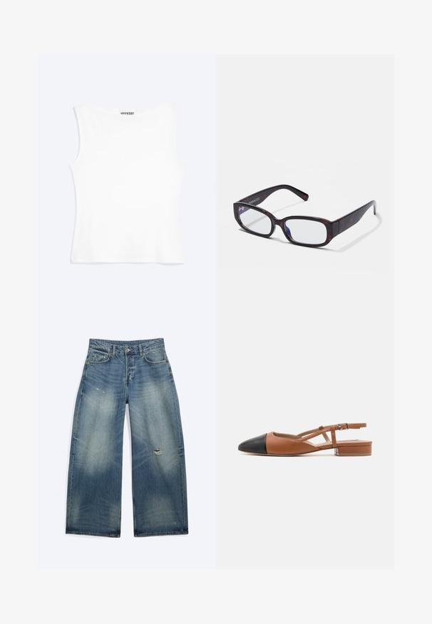 Débardeur blanc ajusté sans manches avec un col rond et un design minimaliste, étiqueté "WEEKDAY" à l'intérieur du col.; Jean en denim bleu coupe ample avec des zones décolorées et une petite déchirure sur la cuisse droite, avec poches avant et passants de ceinture.; Steve Madden BELINDA - Ballerines à brides arrière - brown/black; Lunettes rectangulaires en écaille de tortue brune avec des verres transparents et des branches épurées, présentant une texture lisse et un design minimaliste.