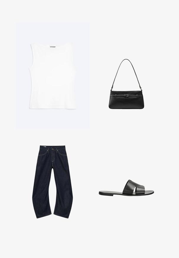 Wit nauwsluitend mouwloos tanktopje met een ronde halslijn en minimalistisch ontwerp, met het label "WEEKDAY" aan de binnenkant van de kraag.; Donkerblauwe denim jeans met brede pijpen, voorzakken, riemlussen en knoopsluiting, plat op een witte achtergrond gelegd.; Zwarte leren slip-on sandalen met een brede band met uitsneden, vlakke zool en een gladde textuur, geschikt voor casual draag.; Zwarte leren schoudertas met een smalle verstelbare band en een decoratief ceinture-detail aan de voorkant.