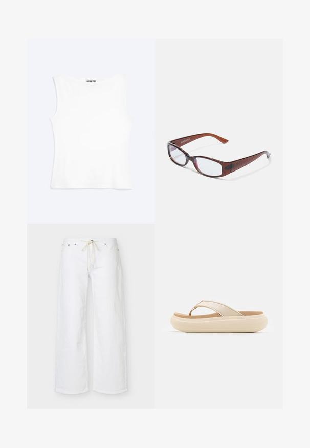 Hvid tætsiddende ærmeløs tanktop med rund halsudskæring og minimalistisk design, mærket "WEEKDAY" indeni kraven.; Hvide bukser med vide ben og forlommer samt en beige snor i taljen, vist på en ensfarvet baggrund.; Beige flip-flop sandal med en bred tåstrop og en tyk, rund sål. Har et glat overmateriale og en kontrasterende brun fodseng.; Brune-farvede rektangulære briller med en glat overflade, der har slanke arme og gennemsigtige linser. Logoet er synligt på venstre temple.