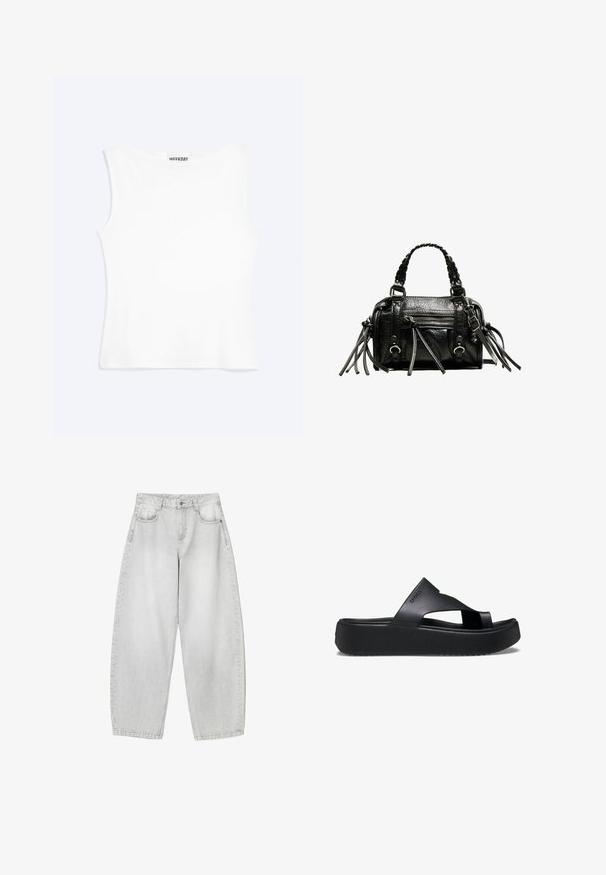 Weißes, ärmelloses, figurbetontes Tanktop mit rundem Ausschnitt und minimalistischem Design, innen am Kragen mit der Aufschrift „WEEKDAY“.; Helle graue weit geschnittene Jeans aus Denim, mit Fronttaschen, einem knöpfbaren Bund und einer leicht verwaschenen Optik.; Schwarze Plattform-Flip-Flops mit einer strukturierten Gummisohle, die ein Kreuzriemen-Design und eine matte Oberfläche aufweisen. Das Markenlogo ist dezent an der Seite angebracht.; Schwarze Lederhandtasche mit geflochtenen Tragegriffen, texturiertem Oberflächen, einem Reißverschluss-Frontfach und dekorativen Fransenakzenten. Kompakte und strukturierte Form.