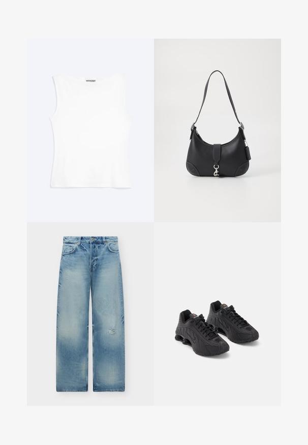 Wit nauwsluitend mouwloos tanktopje met een ronde halslijn en minimalistisch ontwerp, met het label "WEEKDAY" aan de binnenkant van de kraag.; Lichtblauwe denim spijkerbroek met een relaxte pasvorm, lichte slijtage op de rechterdij en traditionele vijfzakkenstijl.; Zwarte sportschoenen met een glad synthetisch bovenwerk, getextureerde accenten, vetersluiting en zichtbare veerkrachtige demping bij de hiel.; Zwarte leren handtas met een gebogen vorm, bovenhandvat, zilveren hardware en contrasterende stiksels. Bevat een voorstrap en stikselaccenten.