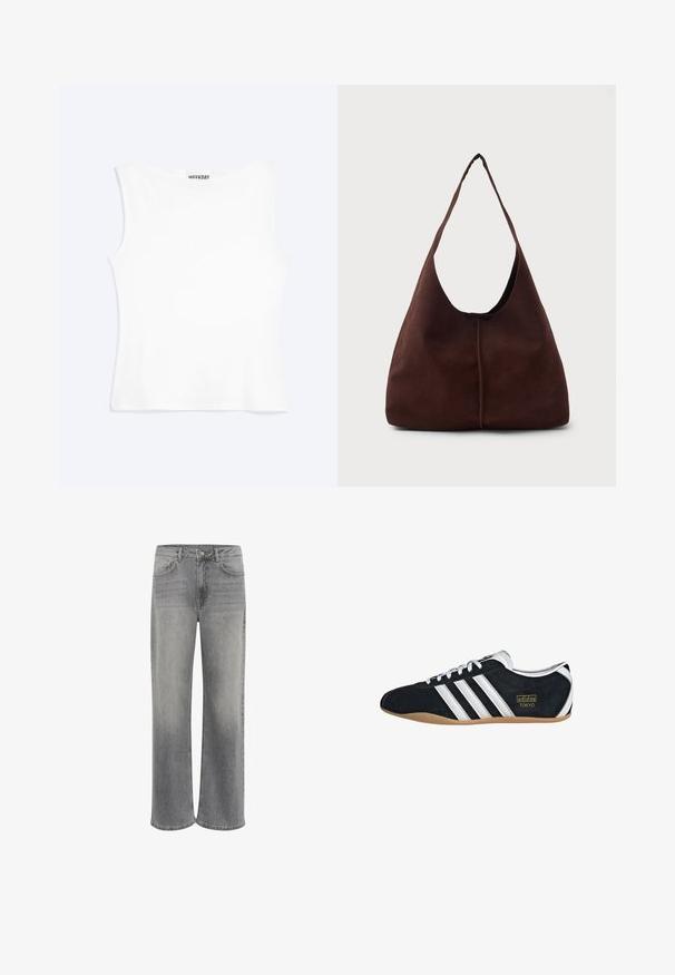 Weißes, ärmelloses, figurbetontes Tanktop mit rundem Ausschnitt und minimalistischem Design, innen am Kragen mit der Aufschrift „WEEKDAY“.; Weite Jeans aus grauem Denim mit hoher Taille, fünf Taschen, einem vorderen Knopfverschluss und dezentem Verblassen des Materials.; Schwarze Wildledersneaker mit drei weißen Streifen, goldenem Logo und brauner Gummisohle. Merkmale ein niedrigprofiliertes Schnürdesign.; Braune Wildleder-Hobo-Tasche mit einer großen, geschwungenen Öffnung und einem breiten Schulterriemen. Sie verfügt über eine mittige Naht auf der Vorderseite. Glatte Textur.