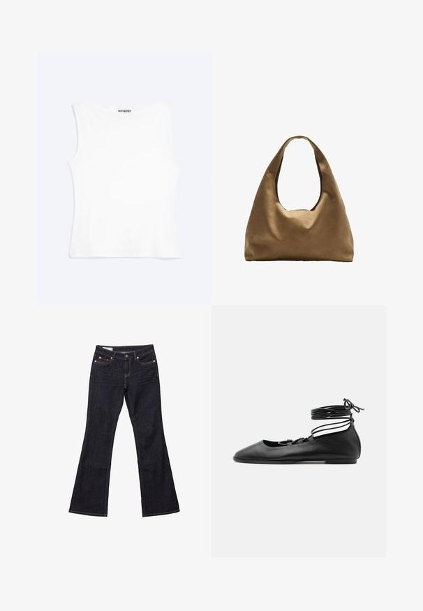 Hvid tætsiddende ærmeløs tanktop med rund halsudskæring og minimalistisk design, mærket "WEEKDAY" indeni kraven.; Mørkeblå denim bukser med flared ben, fem lommer, kobbernitter og kontrastsyet. Glat tekstur med en lige, afslappet pasform.; Sort læder flad balletsko med spids tå, flere tynde stropper over toppen og snørebånd viklet rundt om anklen.; Brun stof skuldertaske med en bred, rundet krop og et stort udsnit håndtag. Blød tekstur, minimalistisk design og ingen synlig hardware.