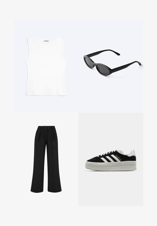 Camiseta sin mangas blanca ajustada con escote redondo y diseño minimalista, etiquetada como "WEEKDAY" en el interior del cuello.; Pantalones negros de talle alto y pierna ancha con pinzas delanteras, trabillas para cinturón y cierre con botón en la cintura.; Zapatillas negras de ante con detalles en cuero blanco, tres rayas blancas, cordones planos y una gruesa suela de plataforma gris. Marca "Gazelle" en dorado.; Gafas de sol ovaladas negras y elegantes con lentes oscuras y patillas rectas, reposando sobre una superficie blanca.