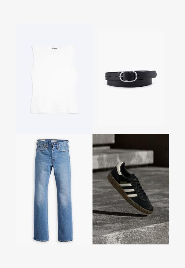 Weißes, ärmelloses, figurbetontes Tanktop mit rundem Ausschnitt und minimalistischem Design, innen am Kragen mit der Aufschrift „WEEKDAY“.; Blaue Jeans aus Denim mit geradem Bein, hoher Taille, klassischer Fünf-Taschen-Optik und auffälligen Verblassungen an den Oberschenkeln.; Schwarzer Adidas-Sneaker mit weißen Streifen und Gummisohle schwebt über grauen Betonstufen im natürlichen Licht.; Schwarzer Leder Gürtel mit glatter Textur, ovaler silberner Metallschnalle und mehreren Einstelllöchern entlang des Riemens. Flaches, minimalistisches Design.