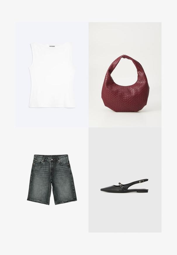 Débardeur blanc ajusté sans manches avec un col rond et un design minimaliste, étiqueté "WEEKDAY" à l'intérieur du col.; Short en denim noir délavé avec bouton devant, fermeture éclair, passants de ceinture et design à cinq poches, posé à plat sur fond blanc.; Chaussures slingback en cuir noir avec un bout pointu, comprenant une lanière étroite et un accent de boucle argentée sur le côté. Semelle plate.; Sac à main tissé bordeaux avec une silhouette arrondie, une seule poignée et une finition texturée. Fermeture zippée en haut.