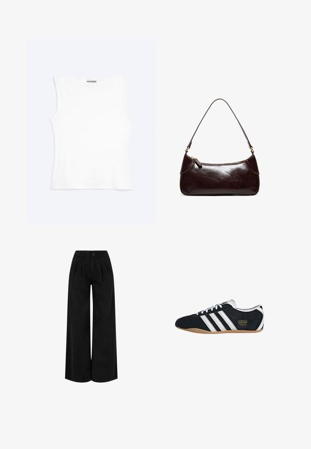 Débardeur blanc ajusté sans manches avec un col rond et un design minimaliste, étiqueté "WEEKDAY" à l'intérieur du col.; Pantalon noir taille haute à jambes larges avec plis devant, fermeture à boutons et passants pour ceinture, présenté sur fond blanc.; Sneakers en suede noir avec trois bandes blanches, logo doré et semelle en caoutchouc marron. Présente un design à lacets à profil bas.; Sac à bandoulière en cuir marron foncé avec une seule sangle et une fermeture éclair, forme rectangulaire avec des bords arrondis sur fond blanc.