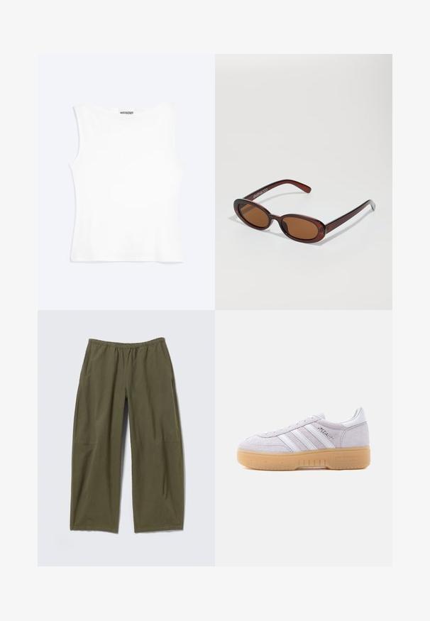 Débardeur blanc ajusté sans manches avec un col rond et un design minimaliste, étiqueté "WEEKDAY" à l'intérieur du col.; Pantalon ample vert olive avec taille élastique et poches latérales, présenté à plat sur un fond neutre.; Baskets Adidas en daim blanc avec une semelle en gomme, trois bandes blanches et le texte « Spezial » sur le côté, vues de l'intérieur.; Lunettes de soleil rondes teinte brun avec une monture bordeaux brillante. Branches fines avec un détail de marque subtil. Design de verres plats.