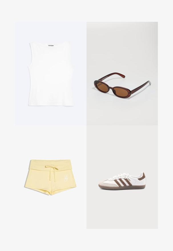 Débardeur blanc ajusté sans manches avec un col rond et un design minimaliste, étiqueté "WEEKDAY" à l'intérieur du col.; Shorts en tissu doux jaune clair avec une large ceinture côtelée et un cordon de serrage, arborant un petit monogramme décoratif blanc à l'avant.; Baskets Adidas Samba blanches avec des bandes en daim marron, semelle en caoutchouc marron et bout en daim beige, vues du côté extérieur sur un fond uni.; Lunettes de soleil rondes teinte brun avec une monture bordeaux brillante. Branches fines avec un détail de marque subtil. Design de verres plats.
