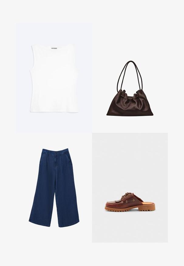 Weißes, ärmelloses, figurbetontes Tanktop mit rundem Ausschnitt und minimalistischem Design, innen am Kragen mit der Aufschrift „WEEKDAY“.; Weite Jeanshose in Dunkelblau. Sie verfügt über zwei Fronttaschen, einen Knopfverschluss und hat eine glatte Textur mit einem leichten Stoff.; Braune Leder-Slipper im Mokassin-Stil, mit dekorativen Schnürungen, goldenen Ösen und einer strukturierten Gummisohle.; Weiche dunkelbraune Lederhandtasche mit schlaffer Form und zwei dünnen Schulterriemen vor weißem Hintergrund.