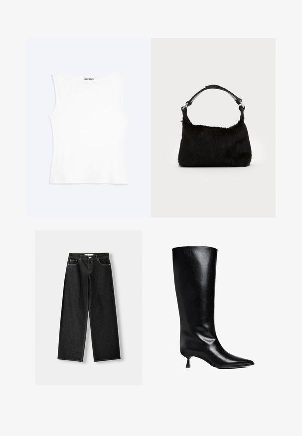 Hvid tætsiddende ærmeløs tanktop med rund halsudskæring og minimalistisk design, mærket "WEEKDAY" indeni kraven.; Sorte denim bukser med bred ben, der har fem lommer, metalknap og lynlås lukning samt kontrasterende gul syning langs sømmene.; Sort læderknæhøje støvler med spidse tæer, slank silhuet og en lav blokhæl med en blank finish.; Sort faux fur håndtaske med en blød tekstur, rund form og en robust skulderrem i sort læder. Synlige sølvhardware-detaljer.