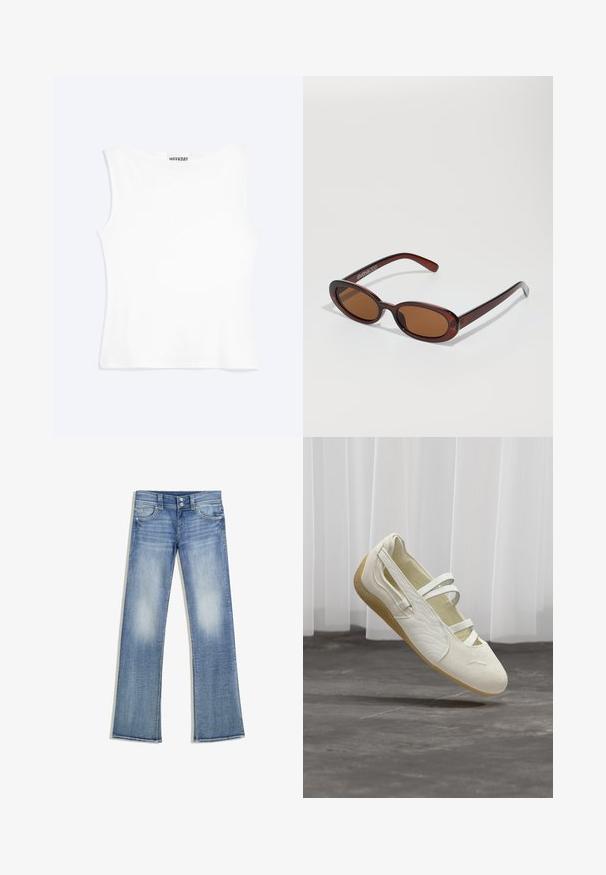 Weißes, ärmelloses, figurbetontes Tanktop mit rundem Ausschnitt und minimalistischem Design, innen am Kragen mit der Aufschrift „WEEKDAY“.; Hellblaue Bootcut-Jeans mit ausgewaschener Optik, fünf Taschen, Gürtelschlaufen und doppeltem Knopfverschluss, flach auf weißem Hintergrund liegend.; Elfenbeinfarbener Mary-Jane-Schuh mit drei Riemen, strukturierten Seiten und hellbrauter flexibler Sohle, schwebend über grauem Boden.; Runde, braun getönte Sonnenbrillen mit einem glänzenden burgunderfarbenen Rahmen. Schlanke Bügel mit dezentem Branding. Flaches Linsendesign.