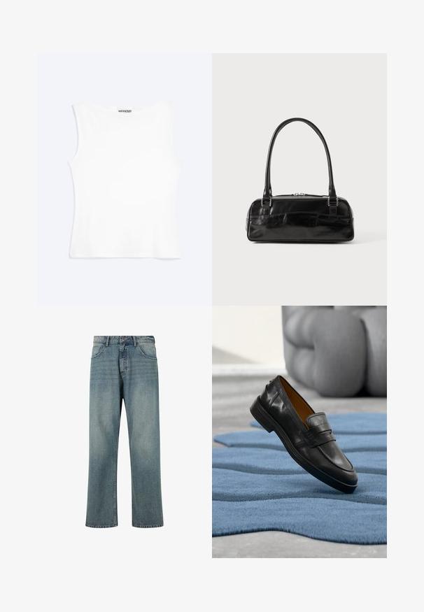 Weißes, ärmelloses, figurbetontes Tanktop mit rundem Ausschnitt und minimalistischem Design, innen am Kragen mit der Aufschrift „WEEKDAY“.; Hellblaue Jeans aus Denim mit geradem Schnitt, fünf Taschen-Design, kontrastierenden Nähten und einem klassischen Bund mit Knopfverschluss.; Schwarzer Lederschuh im Mokassin-Stil auf einem blauen, strukturierten Teppich, im Hintergrund ist ein verschwommenes graues Kissen zu sehen.; Schwarze Lederhandtasche in rechteckiger Form, mit einem stabilen Griff, silbernem Zubehör und Reißverschluss. Glatte Textur.