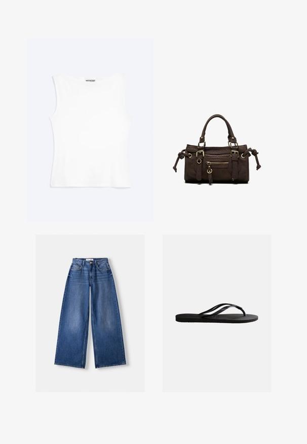 Hvid tætsiddende ærmeløs tanktop med rund halsudskæring og minimalistisk design, mærket "WEEKDAY" indeni kraven.; Bredbenet blå denimjeans med forlommer, bæltestropper og knaplukning, lagt fladt på en lys baggrund.; Sort gummiflip-flop sandal med tekstureret fodseng og tynde Y-formede remme på en ensartet hvid baggrund.; Mørkebrun læderhåndtaske med dobbelte håndtag, forreste lynlåslomme, dekorative spænder og sideknuder på hvid baggrund.