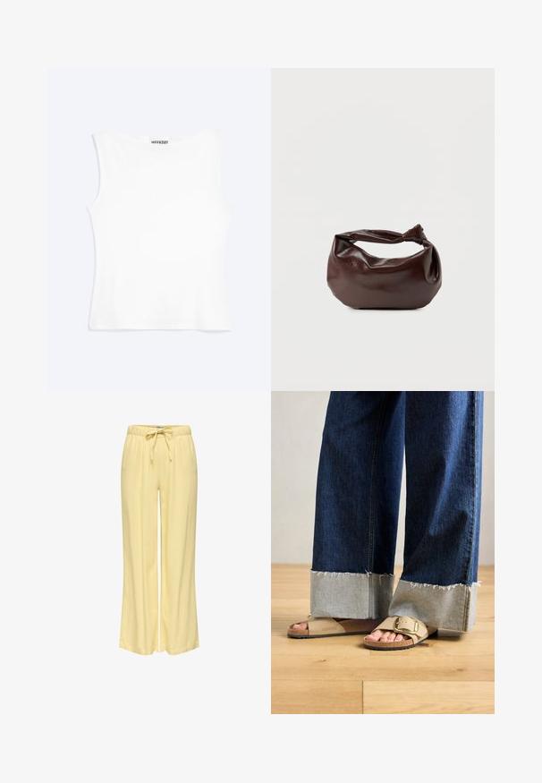 Débardeur blanc ajusté sans manches avec un col rond et un design minimaliste, étiqueté "WEEKDAY" à l'intérieur du col.; Pantalon femme ample jaune pastel avec taille élastique et cordon à l'avant, en tissu léger.; Des pieds portant des sandales Birkenstock beiges avec des boucles dorées, associées à un jean en denim bleu foncé retroussé aux chevilles, posés sur un sol en bois.; Sac bandoulière en cuir marron foncé avec une forme souple et décontractée et une anse nouée torsadée sur un fond blanc uni.