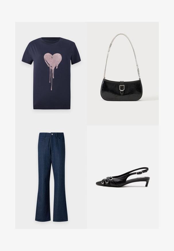 Marineblå bomuld T-shirt med et dryppende hjerte-design i pink. Korte ærmer og rund halsudskæring. Glat stoftekstur.; Mørkeblå jeans med bredde i buksebenene, der har et prikket mønster over hele, fem lommer og knaplukning i metal. Fremstillet af denimstof.; Sort læder slingback sko med spids tå, tre sølvspænder på forsiden og lav lille hæl på hvid baggrund.; Sort skuldertaske i laklæder med sølv spænde og sølv kæderem, vist mod en ensartet lys baggrund.