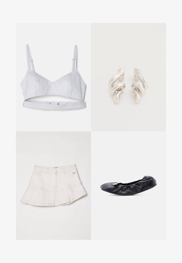 Lysegrå crop bra med justerbare stropper, en struktureret krop og en trykknaplukning i bunden for en sikker pasform.; Hvid denimnederdel med en tætsiddende talje og en udvidet plisseret kant. Inkluderer forlommer og en lille logo detalje på taljen.; Sort læder flad sko med rundet tå og rynket design langs åbningen. Har en diskret sølvfarvet hardware detalje foran.; Tvistede sølvfarvede ørestikker med en glat, blank overflade, der har et moderne, abstrakt spiraldesign.