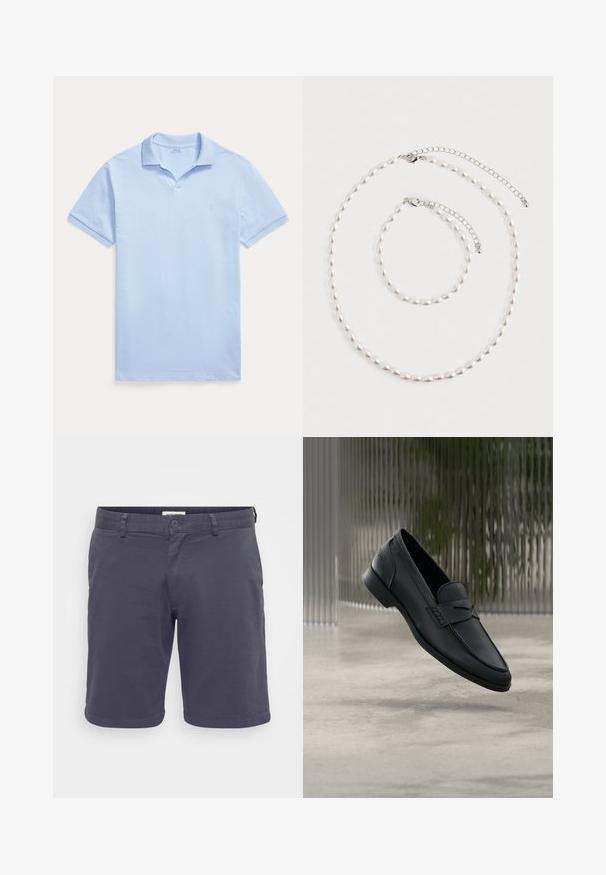 Polo bleu clair à manches courtes avec col et petit logo brodé sur la poitrine gauche sur fond blanc.; Shorts grises foncés pour homme en tissu léger, dotés d'une fermeture à bouton, de passants de ceinture et d'un design uni sans motifs visibles.; Mocassin en cuir noir à finition lisse, bout pointu et détails cousus sur le dessus. Talon bas et design minimaliste.; Collier de perles et bracelet assorti avec fermoirs en chaîne argentée disposés sur un fond blanc.