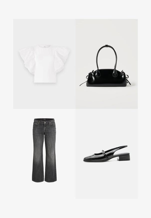 ONLY ONLTAYA LIFE - Lihtne T-särk - cloud dancer; Mustad tuhmuvad sirge säärega teksapüksid ees oleva nupu, vööaasade ja viie taskuga disainiga.; Mustast lakknahast slingback-king madala plokksandaali ja õhukese rihmaga, millel on peal hõbedane pandlaga kinnis.; Väike must läikiv käekott kahe pika sangaga ja külgedel paelakinnitustega, ühel lihtsal helel taustal.