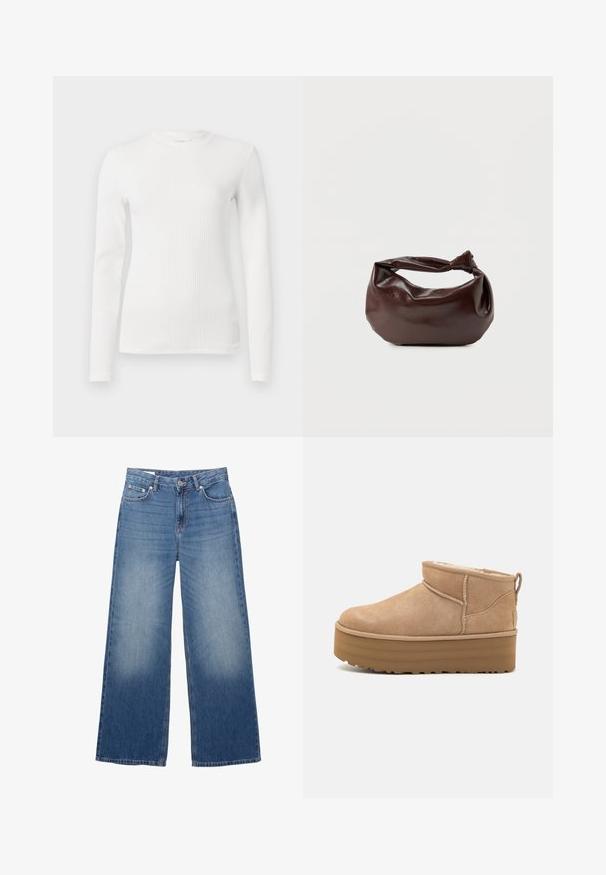 Langærmet hvid ribbet top med rund halsudskæring og tætsiddende design. Glat tekstur, minimale detaljer og strækbart stof.; Blå brede jeans i denim med knap og lynlås foran, der har lommer foran og bagpå samt let falming på lårene.; Beige ruskinds ankelstøvler med et blødt indre, der har en platformssål og en strop bagpå for nem påtagning. Tekstureret gummisål.; Mørkebrun læder skuldertaske med en blød, afslappet form og et snoet knudehåndtag på en ensartet hvid baggrund.