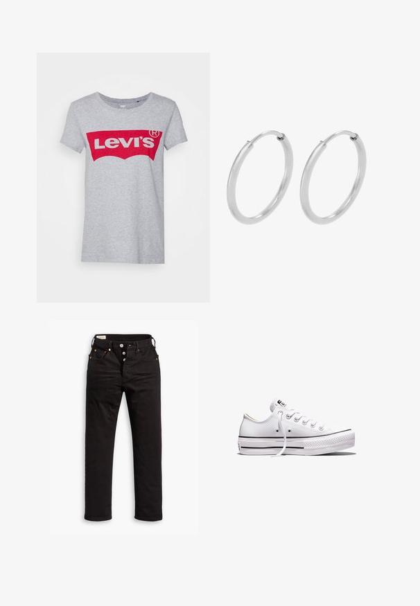 Grijze katoen t-shirt met een groot rood Levi's logo over de borst, met een klassieke ronde hals en korte mouwen.; Zwarte rechtlopende jeans met knoopsluiting, voor- en achterzakken, en koperen klinknagels op een witte achtergrond.; Wit lage canvas sneaker met witte veters, rubberen zool, zwarte streepdetails en logopatch op de tong en hiel.; Zilveren hoepeloorbellen, cirkelvormig, met een gladde glanzende textuur en een constante breedte. Minimalistisch ontwerp zonder extra accenten.