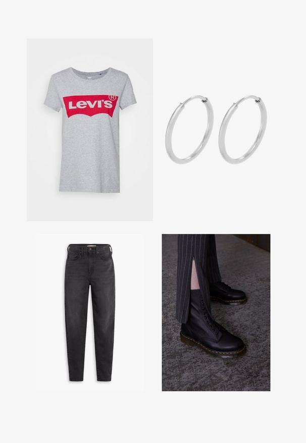 Harmaa puuvillapaita, jossa on suuri punainen Levi's-logo rinnassa, klassinen pyöreä pääntie ja lyhyet hihat.; Musta korkeavyötäröinen slim fit -farkut, joissa on etu- ja takataskut, nappikiinnitys ja vyölenkit, esitetty valkoista taustaa vasten.; Mustat nahkaiset nauhattomat bootsit, joissa on teksturoitu pinta, keltainen tilkkutie ja tukeva, läpinäkyvä pohja. Yhdistetty raidoitettuihin housuihin, joissa on vetoketju.; Hope hopea, muodoltaan pyöreät, sileän kiiltävä pinta ja yhtenäinen leveys koko matkalta. Minimalistinen muotoilu ilman lisäkoristeita.