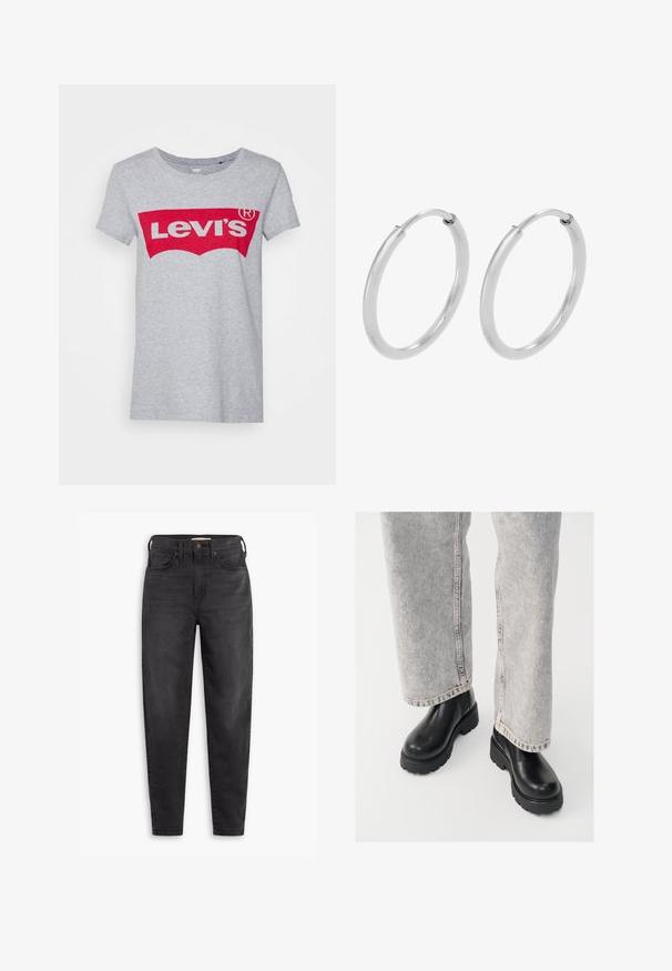 Grauer Baumwoll-T-Shirt mit einem großen roten Levi's-Logo über der Brust, klassischem Rundhals und kurzen Ärmeln.; Schwarze hochgeschnittene Slim-Fit-Jeans mit Vorder- und Gesäßtaschen, Knopfverschluss und Gürtelschlaufen, auf einem weißen Hintergrund präsentiert.; Vagabond COSMO - Plateaustiefelette - black; Silberne Creolen, kreisförmig, mit glatter, glänzender Oberfläche und gleichbleibender Breite. Minimalistisches Design ohne zusätzliche Akzente.
