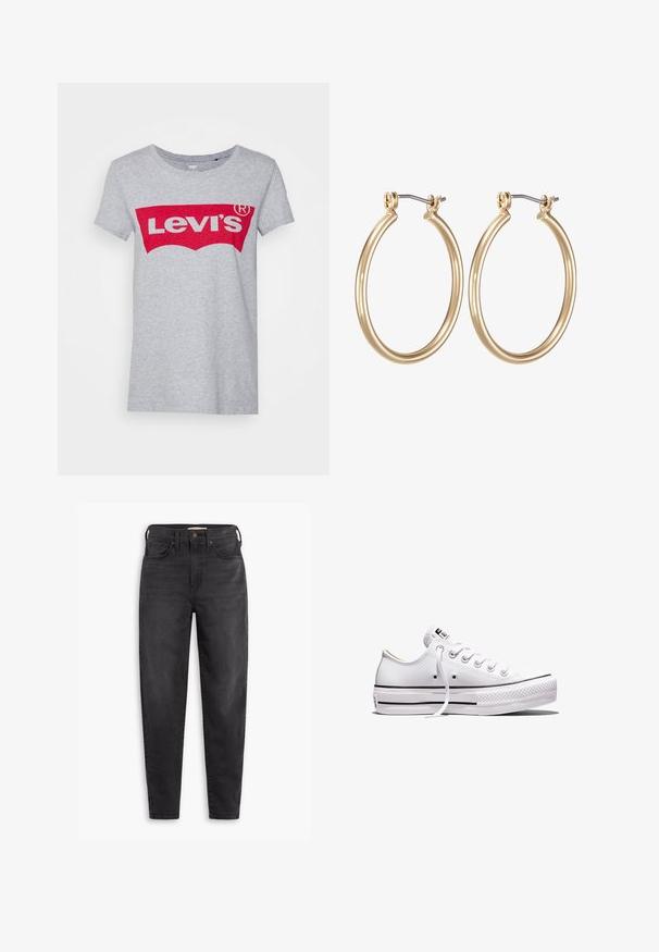 Grå bomulds t-shirt med et stort rødt Levi's-logo på tværs af brystet, med en klassisk rund halsudskæring og korte ærmer.; Sorte højtaljede slim-fit jeans med for- og baglommer, knaplukning og bæltestropper, præsenteret på en hvid baggrund.; Lavtop hvid lærredsneaker med hvide snørebånd, gummisål, sorte stribedetaljer og logo-patch på tungen og hælen.; Guldfarvede metal hoops øreringe med et glat, cirkulært design og en sikret hængsel-lukning. Letvægts med en poleret overflade.