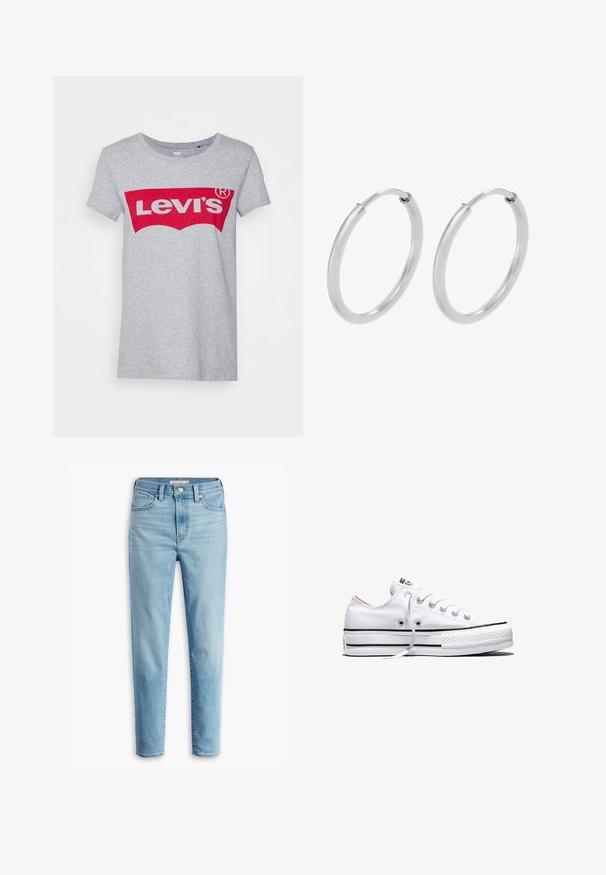 Grijze katoen t-shirt met een groot rood Levi's logo over de borst, met een klassieke ronde hals en korte mouwen.; Lichtblauwe hoge taille spijkerbroek met voorzakken, riemlussen, knoopsluiting en taps toelopende broekspijpen op een witte achtergrond.; Witte lage canvas sneaker met witte veters, zwarte strepen op de zool en een rubberen, getextureerde neuskap, zijaanzicht op een witte achtergrond.; Zilveren hoepeloorbellen, cirkelvormig, met een gladde glanzende textuur en een constante breedte. Minimalistisch ontwerp zonder extra accenten.